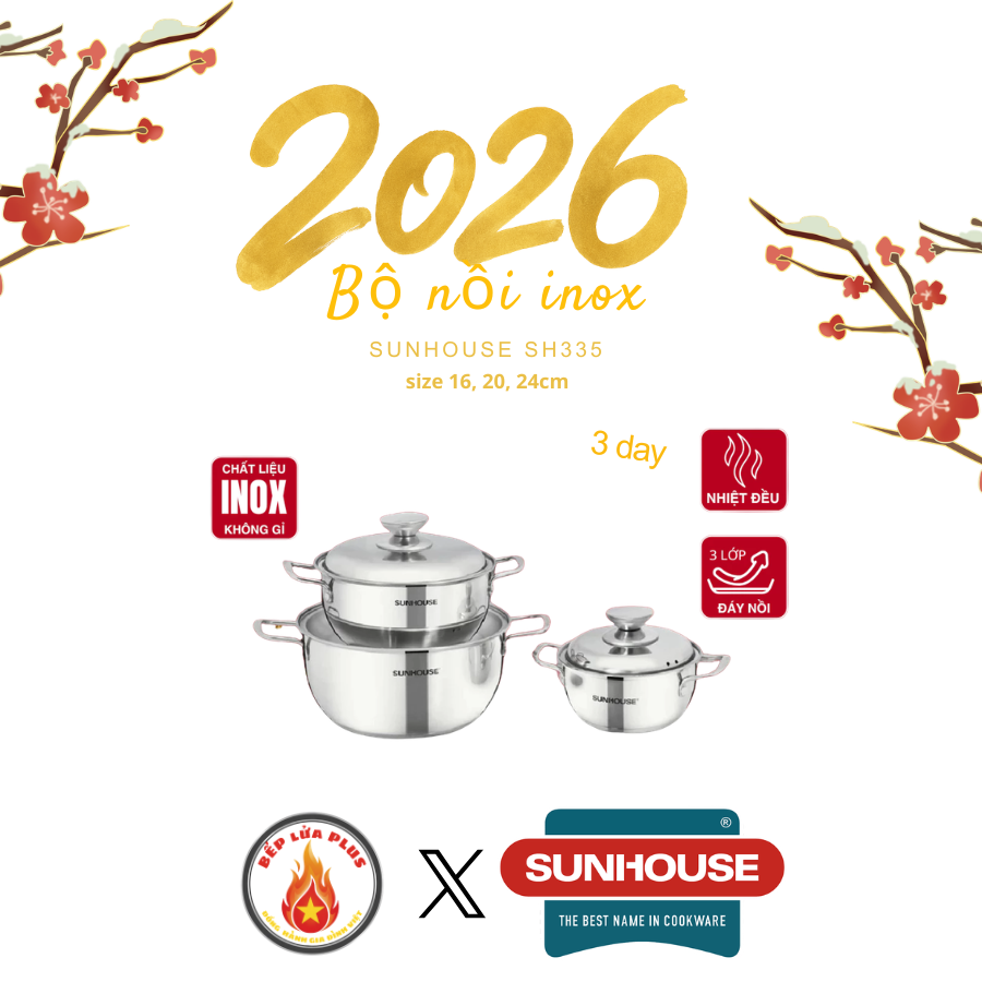 Bộ nồi inox 3 đáy SUNHOUSE SH335 với thiết kế vung inox bền bỉ, không lo rơi vỡ và cấu tạo đáy 3 lớp truyền nhiệt siêu nhanh. Sản phẩm an toàn tuyệt đối cho sức khỏe, sử dụng được trên mọi loại bếp (bếp từ, gas, hồng ngoại). Lựa chọn hoàn hảo cho gian bếp hiện đại với 3 kích cỡ 16-20-24cm tiện dụng.
